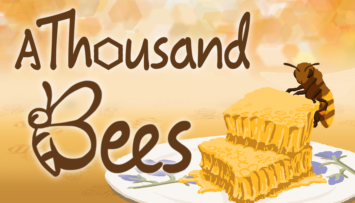 Cover image of the game A Thousand Bees, showing the title. Towards teh right, a large bee sits on honeycombs. They are placed on a plate with flower decor.